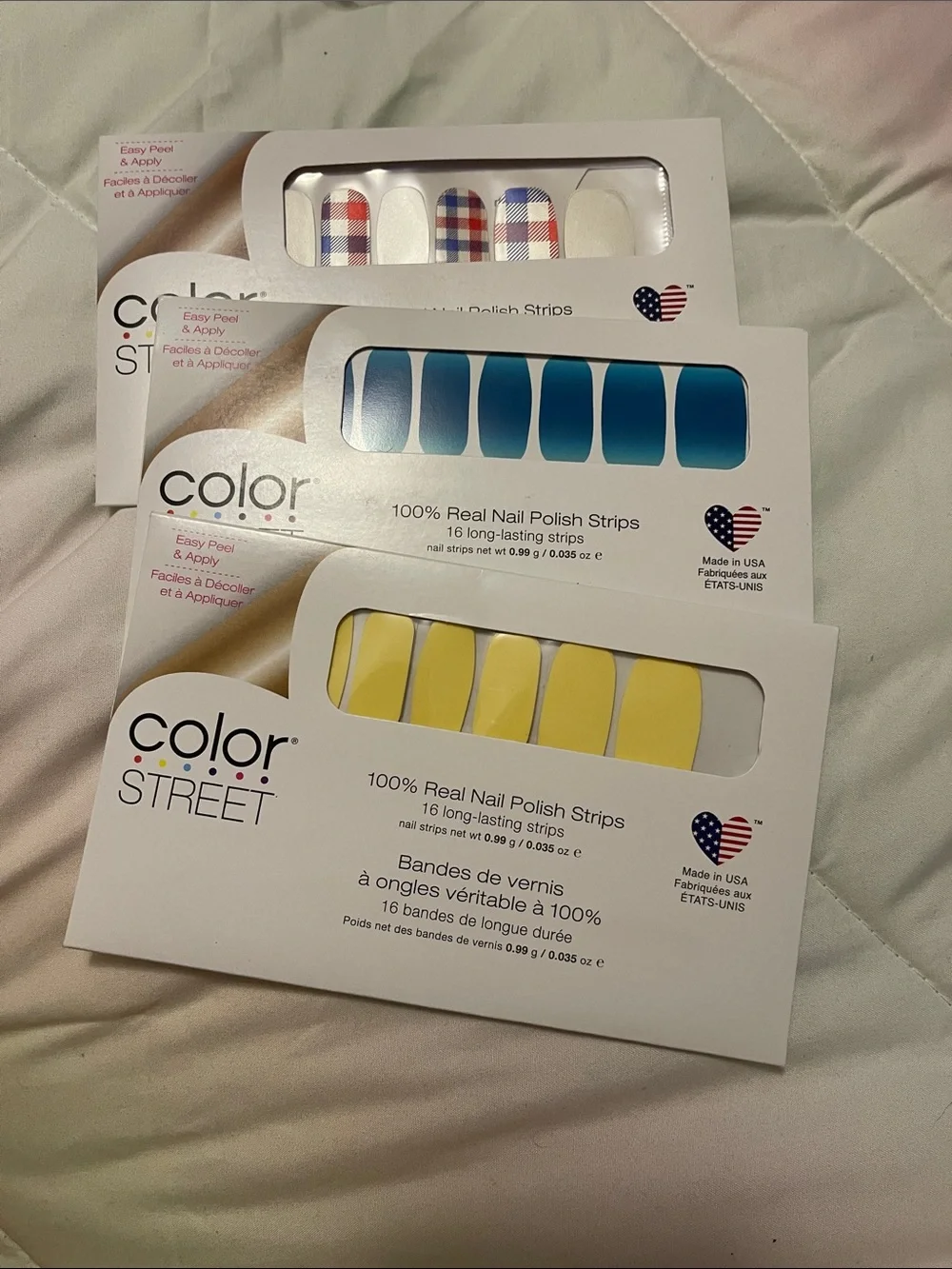 Color Street Bright Yellow, Teal Blue & Red-White-Blue Plaid Nail Strips